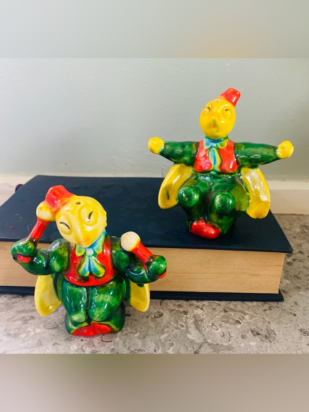 Hand-Painted Beetles Anthromorphic Green and Yellow Salt and Pepper Kitschy bugs